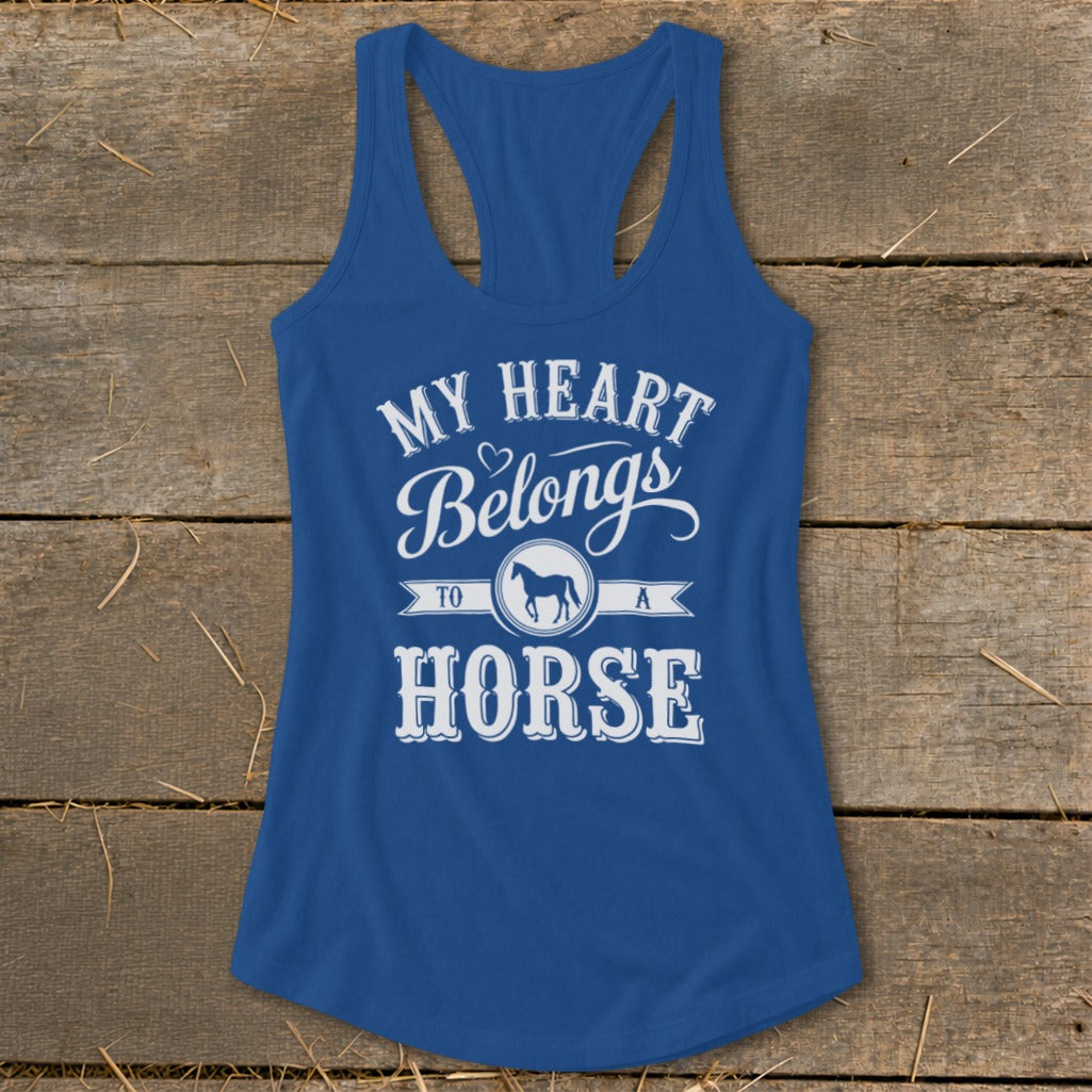 Blue tank top with "My Heart Belongs to a Horse" graphic and horse silhouette.