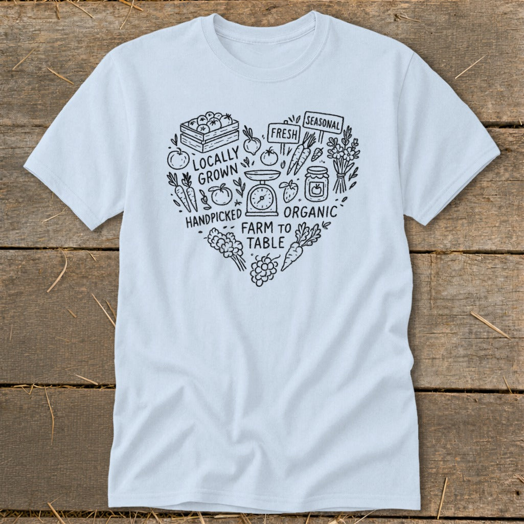 White t-shirt with a heart-shaped farm-to-table graphic in black ink.