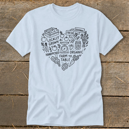 White t-shirt with a heart-shaped farm-to-table graphic in black ink.