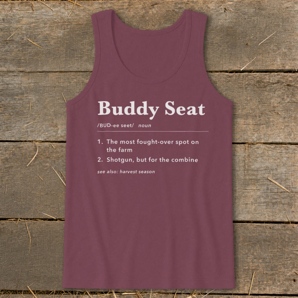 Maroon tank top with "Buddy Seat" definition and harvest season reference.
