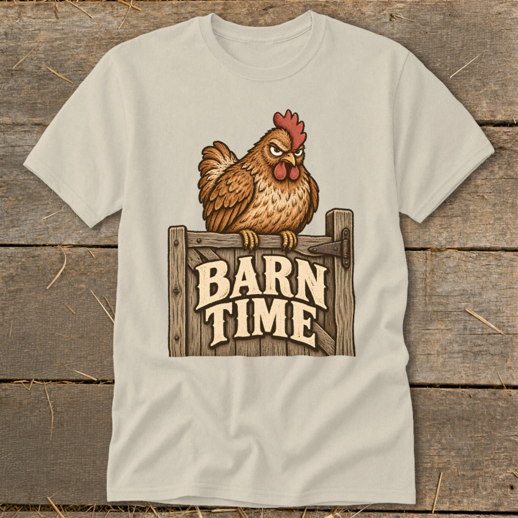A grumpy chicken sits on a barn door with "BARN TIME" text.