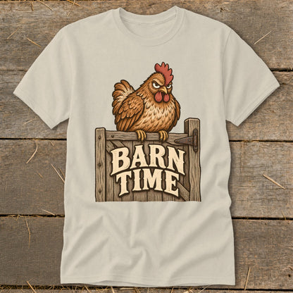 A grumpy chicken sits on a barn door with "BARN TIME" text.