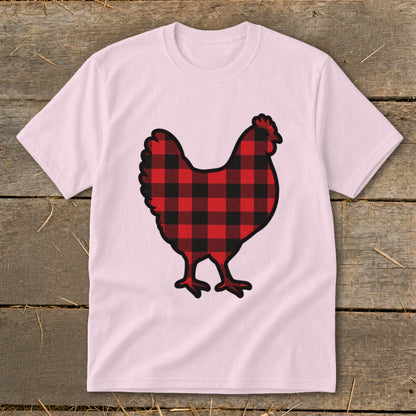 Pink t-shirt with a black-and-red buffalo plaid chicken graphic.