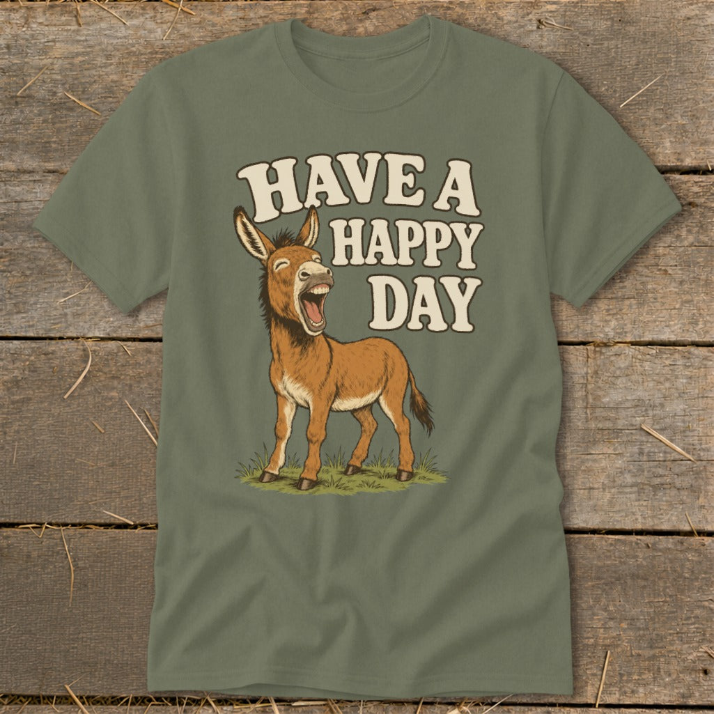 Donkey with "HAVE A HAPPY DAY" text on a green t-shirt.
