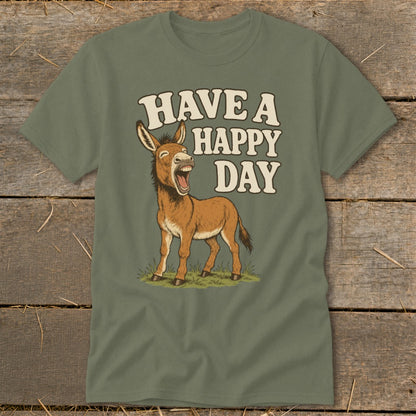 Donkey with "HAVE A HAPPY DAY" text on a green t-shirt.