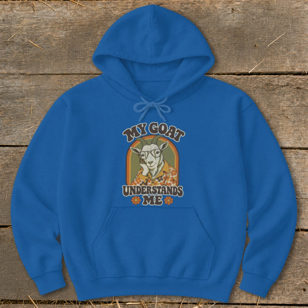 Royal blue hoodie with "My Goat Understands Me" graphic featuring a goat wearing glasses.