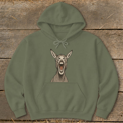 Green hoodie with a drawing of a donkey with its mouth wide open.