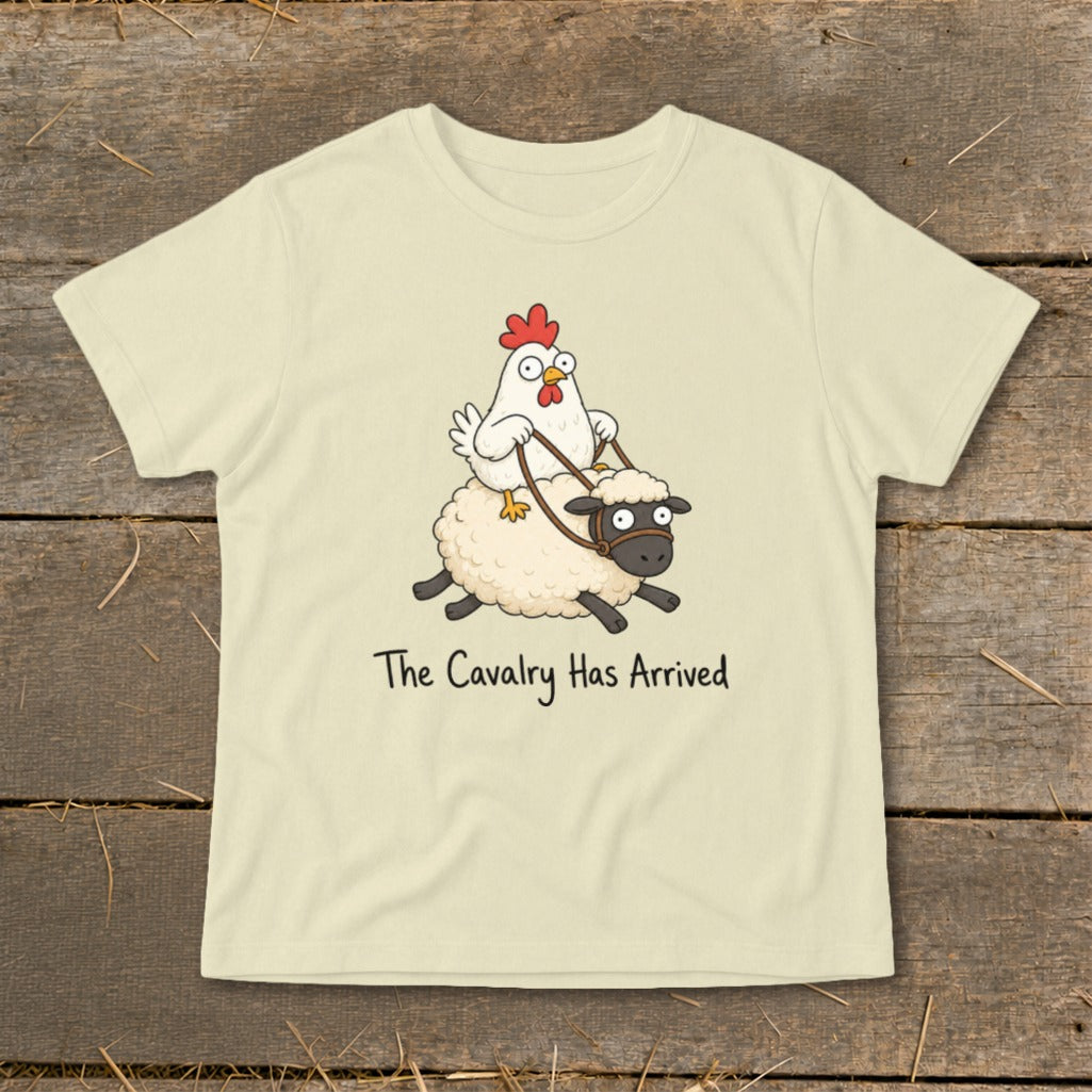 T-shirt with cartoon chicken riding a sheep, text "The Cavalry Has Arrived".