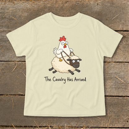 T-shirt with cartoon chicken riding a sheep, text "The Cavalry Has Arrived".