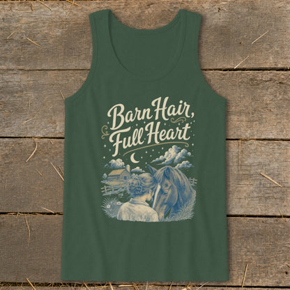 Green tank top with "Barn Hair, Full Heart" text and horse and person illustration.