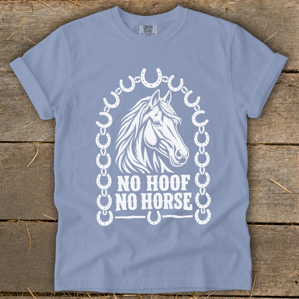 Light blue t-shirt with white graphic of a horse head, horseshoes, and "NO HOOF NO HORSE" text.