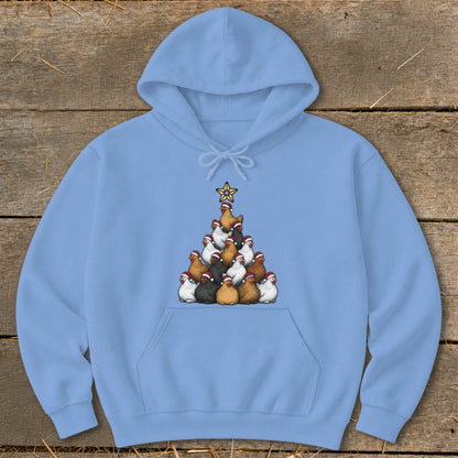 Light blue hoodie with a Christmas tree made of chickens wearing Santa hats.