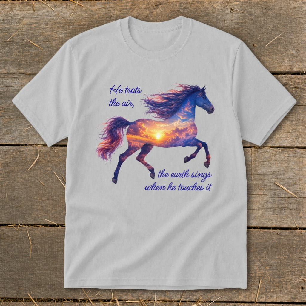 Light gray t-shirt featuring a galloping horse graphic filled with a sunset cloudscape and inspirational text.
