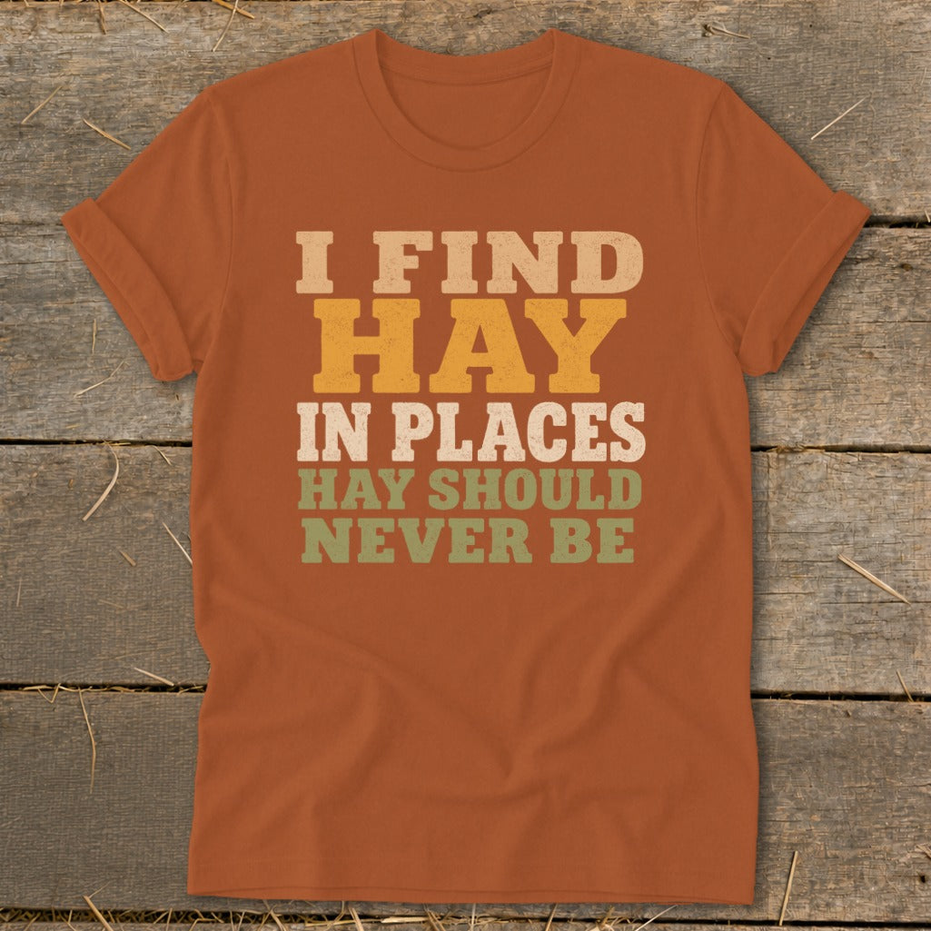 Orange t-shirt with text "I FIND HAY IN PLACES HAY SHOULD NEVER BE".