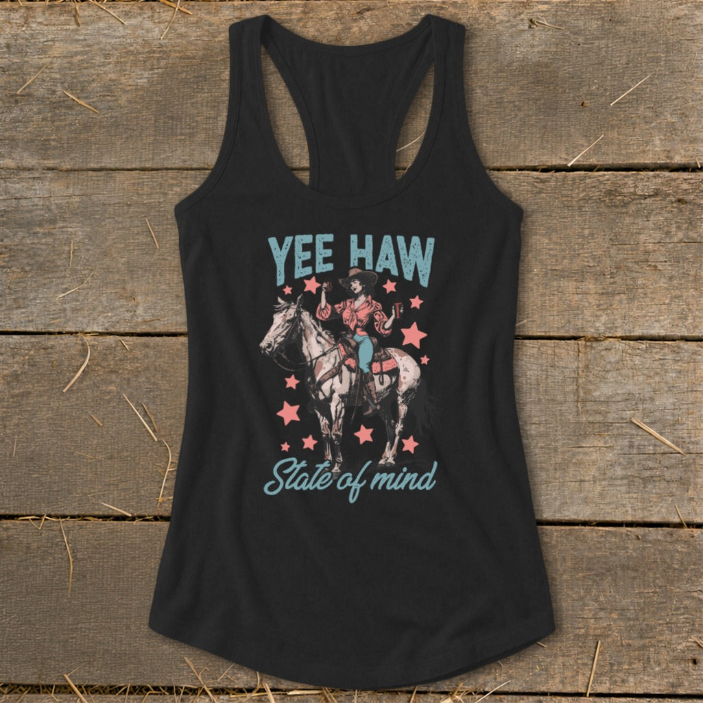 Black tank top with "Yee Haw State of Mind" text and cowboy riding a horse graphic.