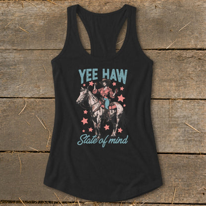 Black tank top with "Yee Haw State of Mind" text and cowboy riding a horse graphic.