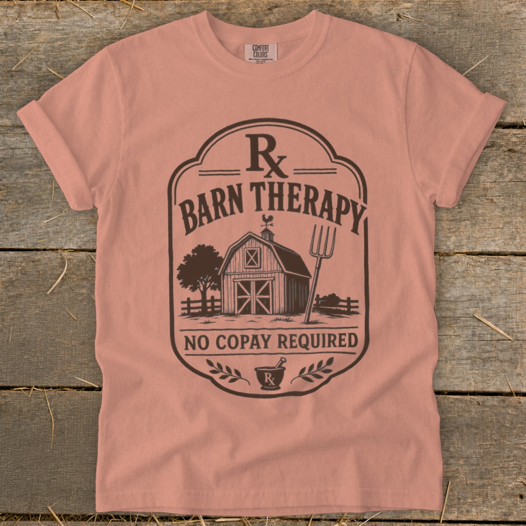 T-shirt with "Barn Therapy" graphic, barn, pitchfork, and "No Copay Required" text.