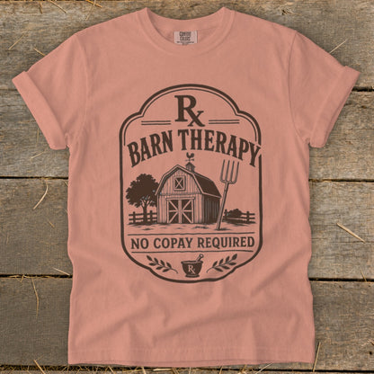 T-shirt with "Barn Therapy" graphic, barn, pitchfork, and "No Copay Required" text.