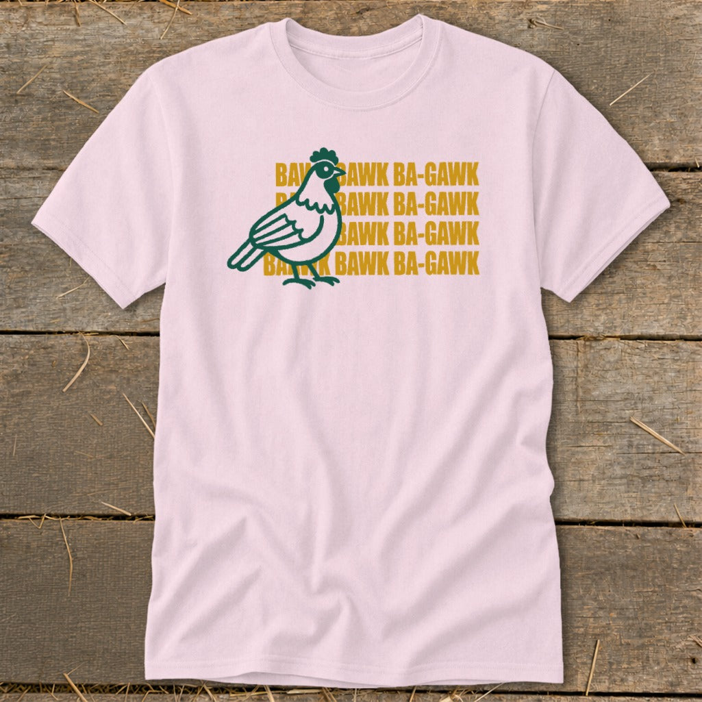 Pink t-shirt with green chicken graphic and "BAWK BA-GAWK" text.