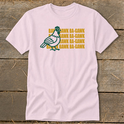 Pink t-shirt with green chicken graphic and "BAWK BA-GAWK" text.