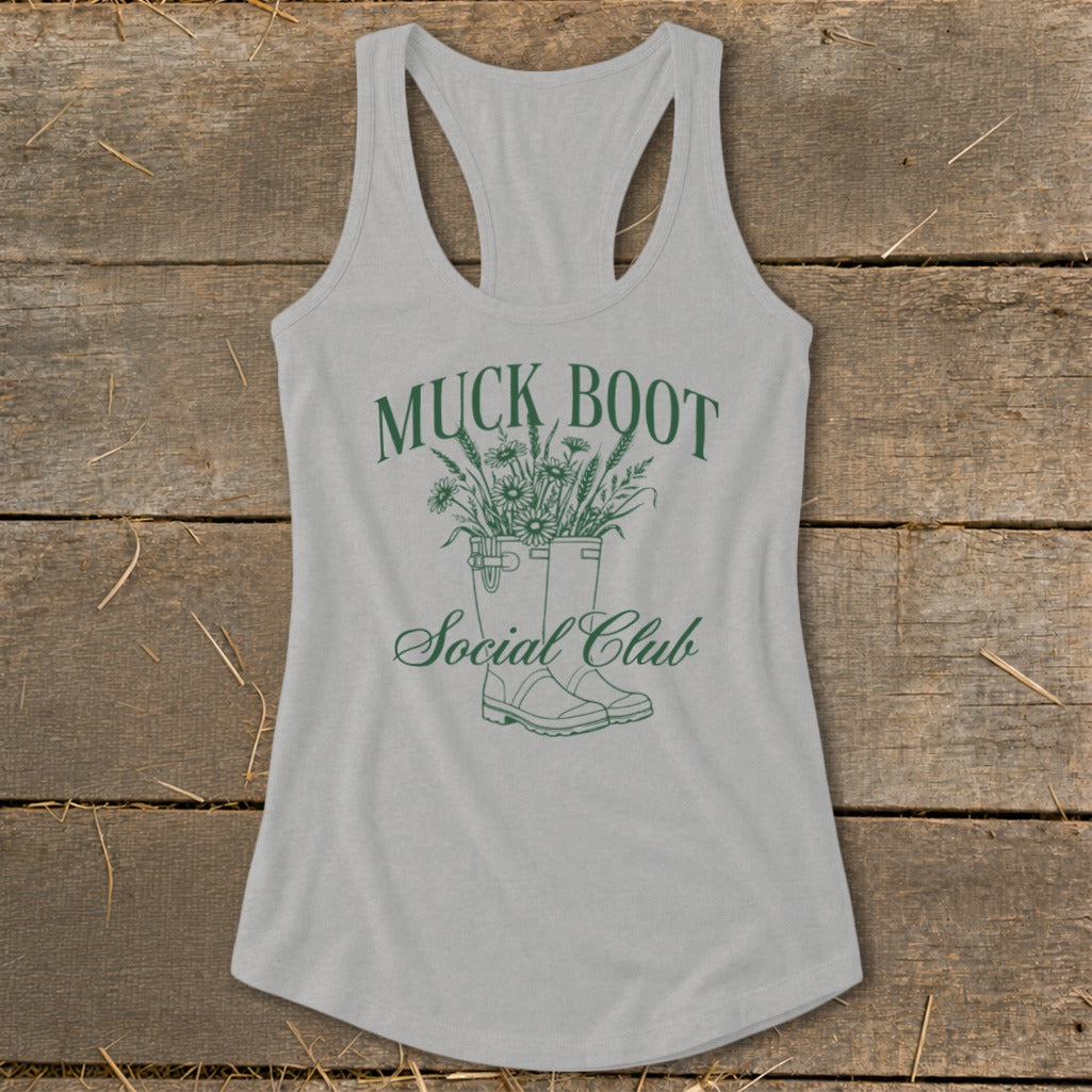 Grey tank top with green "Muck Boot Social Club" text and illustration.