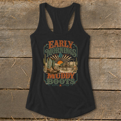 Black tank top with "Early Mornings & Muddy Boots" graphic featuring boots, barn, and sunset.