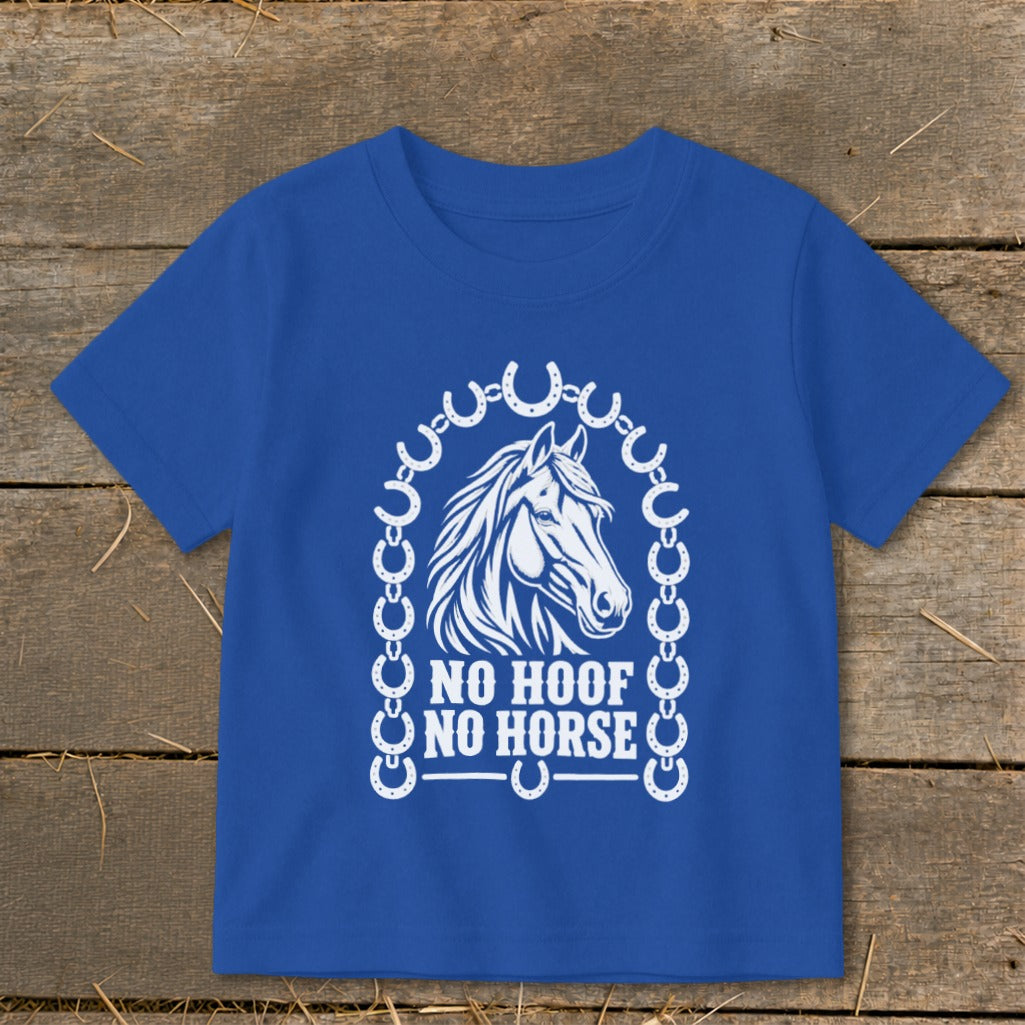 Blue t-shirt with white horse graphic and "NO HOOF NO HORSE" text.