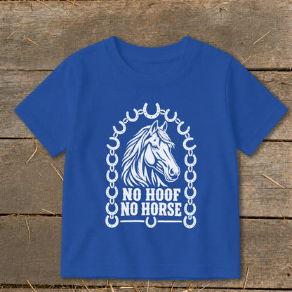 Blue t-shirt with white horse graphic and "NO HOOF NO HORSE" text.