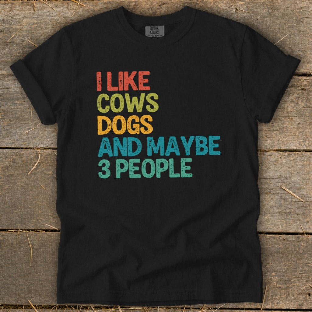 Black t-shirt with text "I LIKE COWS DOGS AND MAYBE 3 PEOPLE" in retro colors.