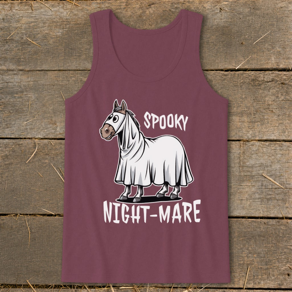 Maroon tank top with cartoon horse in a sheet saying "Spooky Night-Mare".