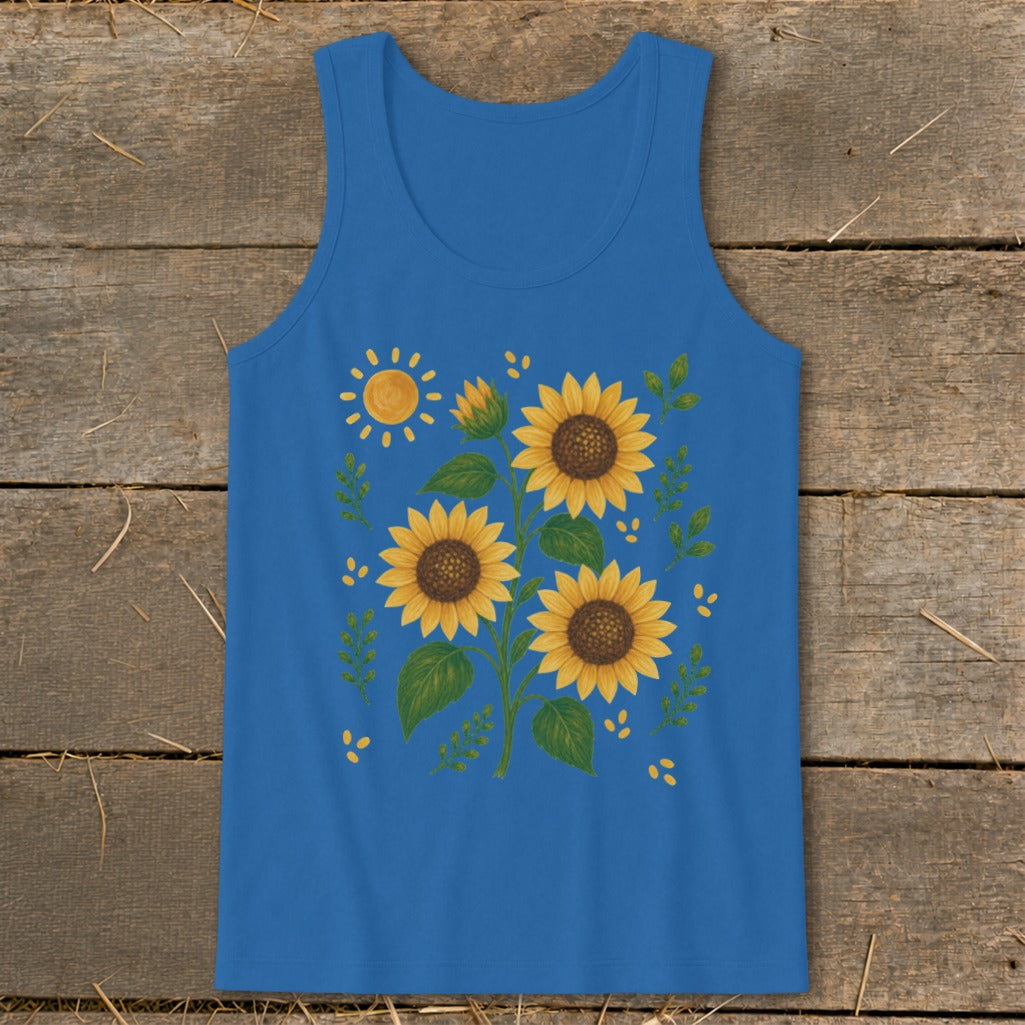Blue tank top with a graphic of sunflowers and a sun.