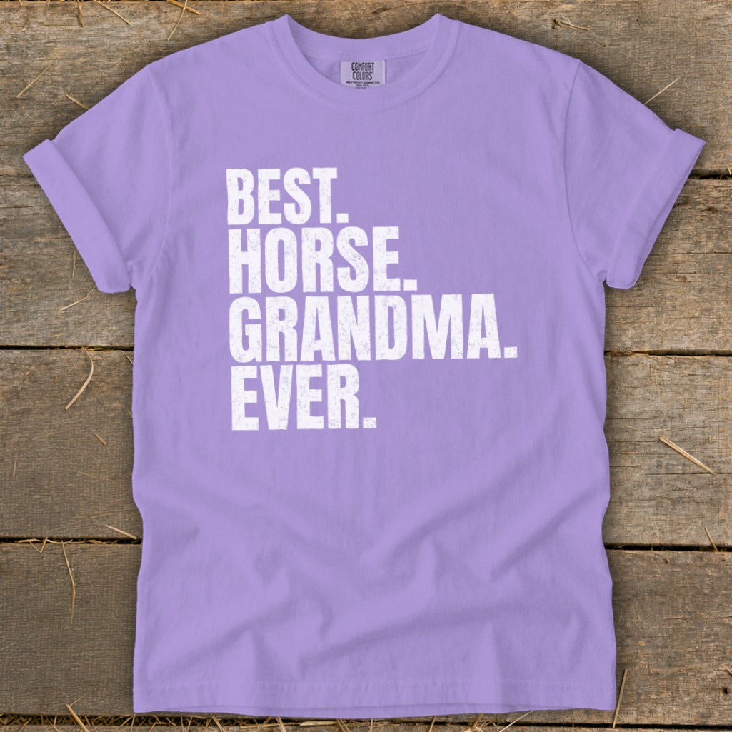 Lilac t-shirt with white text reading "BEST. HORSE. GRANDMA. EVER."