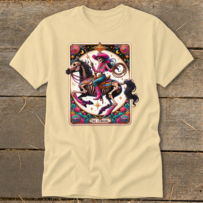 Skeleton cowgirl on a horse with a lasso, "The Cowgirl" text, tarot card design.