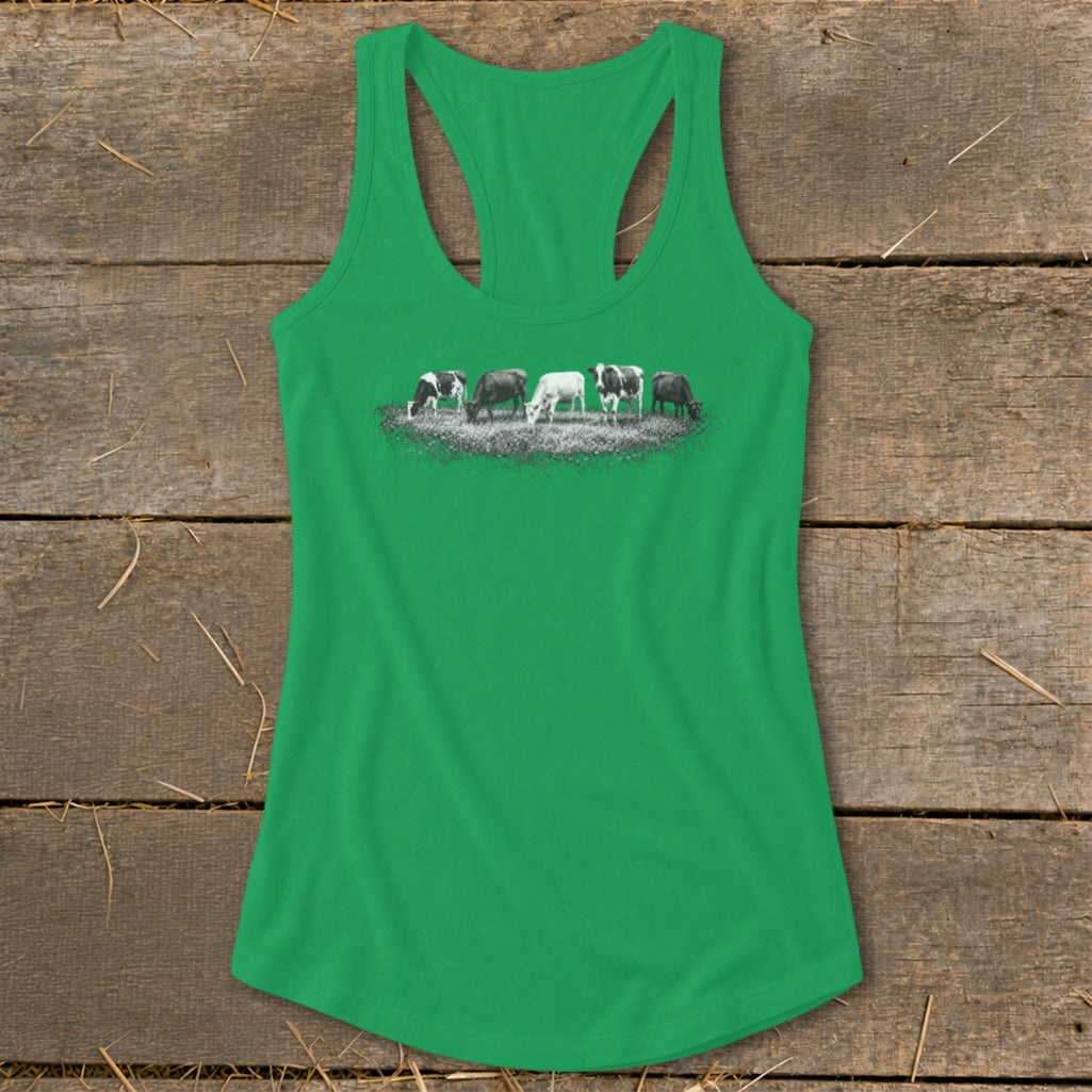 Green tank top with a graphic of five cows grazing in a field.