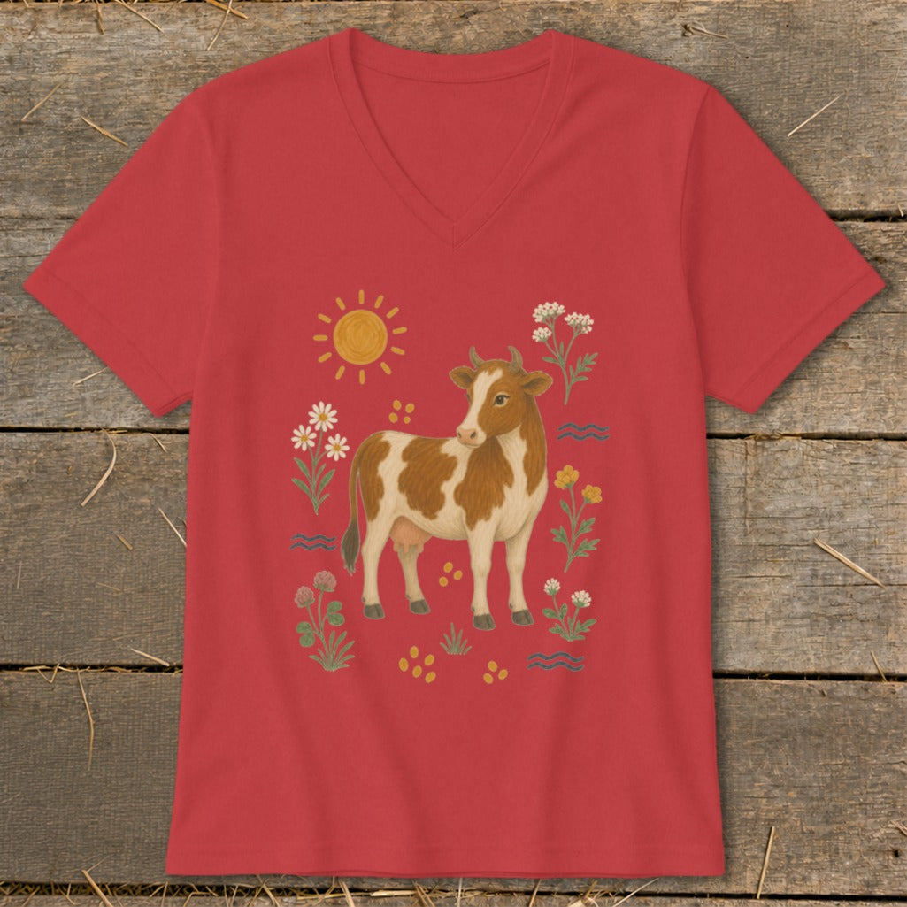 Red v-neck t-shirt with a brown and white cow surrounded by flowers and a sun.