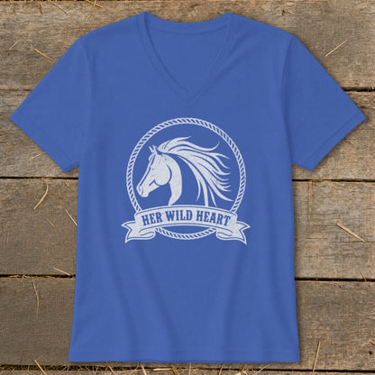 Blue v-neck t-shirt with distressed white horse head graphic and "HER WILD HEART" text.