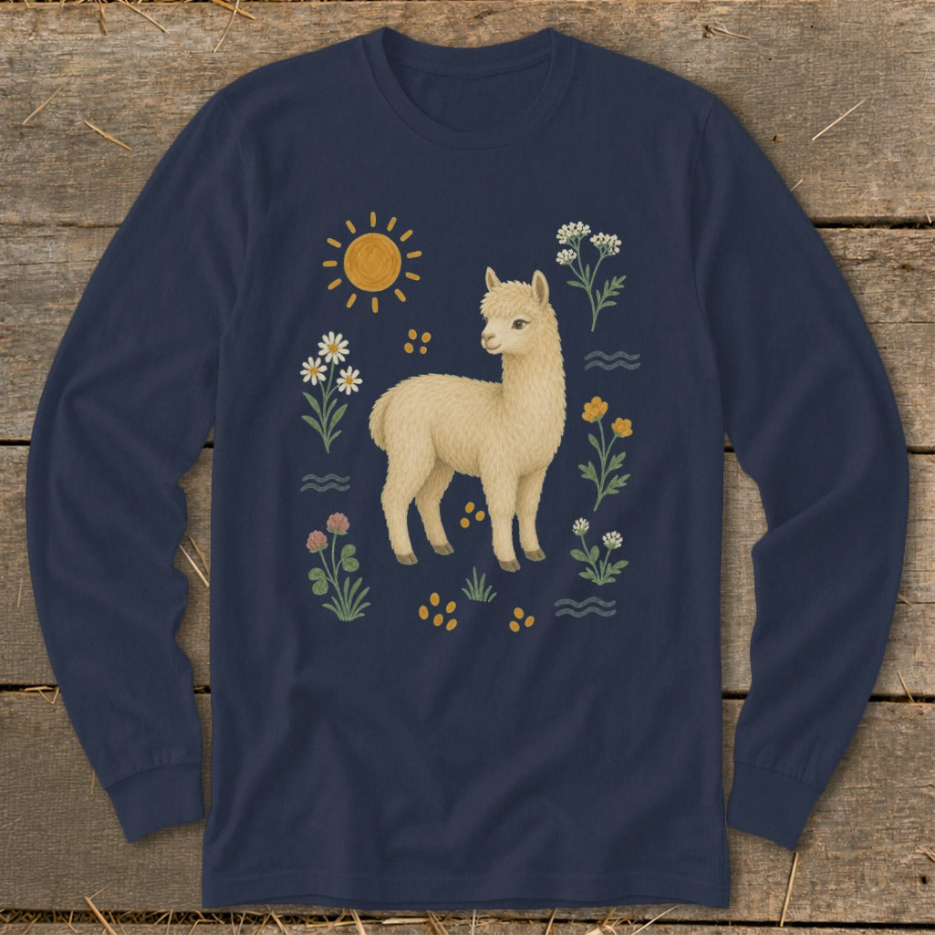 Navy long-sleeve shirt with a cream alpaca and surrounding floral design.