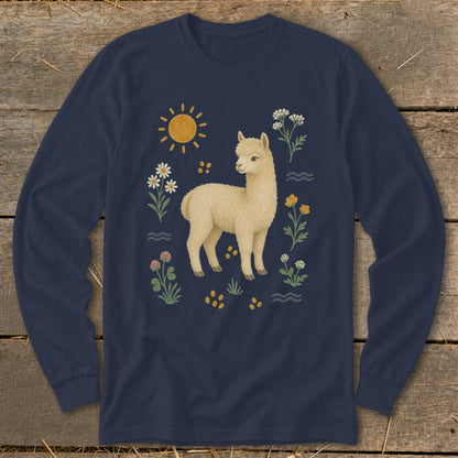 Navy long-sleeve shirt with a cream alpaca and surrounding floral design.