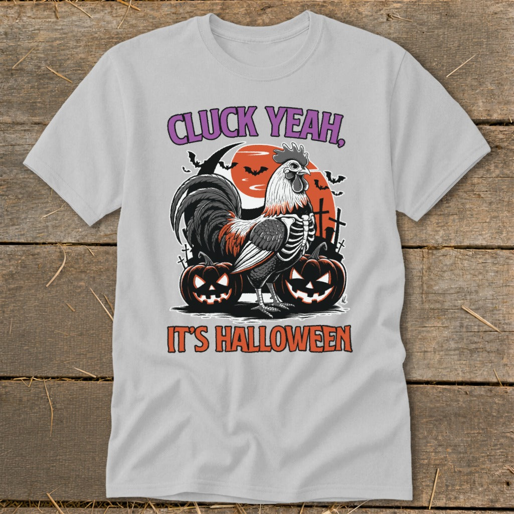 Rooster skeleton with pumpkins and bats, text "Cluck Yeah, It's Halloween".