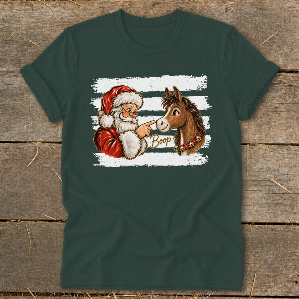 Santa booping a horse's nose with the word "Boop" on a dark green t-shirt.
