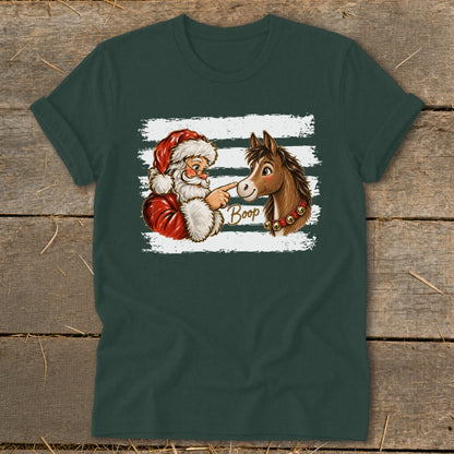 Santa booping a horse's nose with the word "Boop" on a dark green t-shirt.