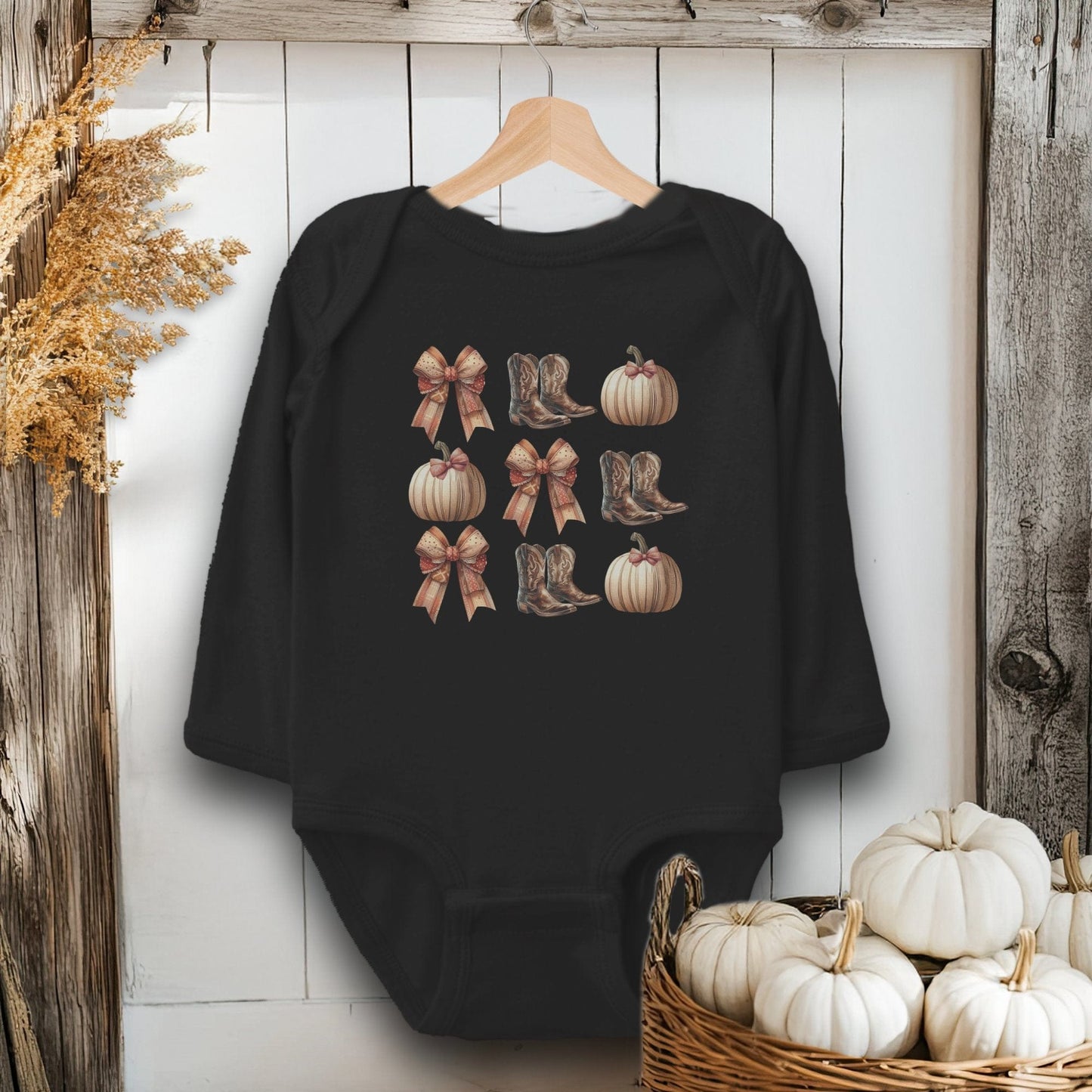 Holiday Baby Shirt Bodysuit Long Sleeve / Black / Newborn Boots Pumpkins and Bows Fall - Baby Shirt