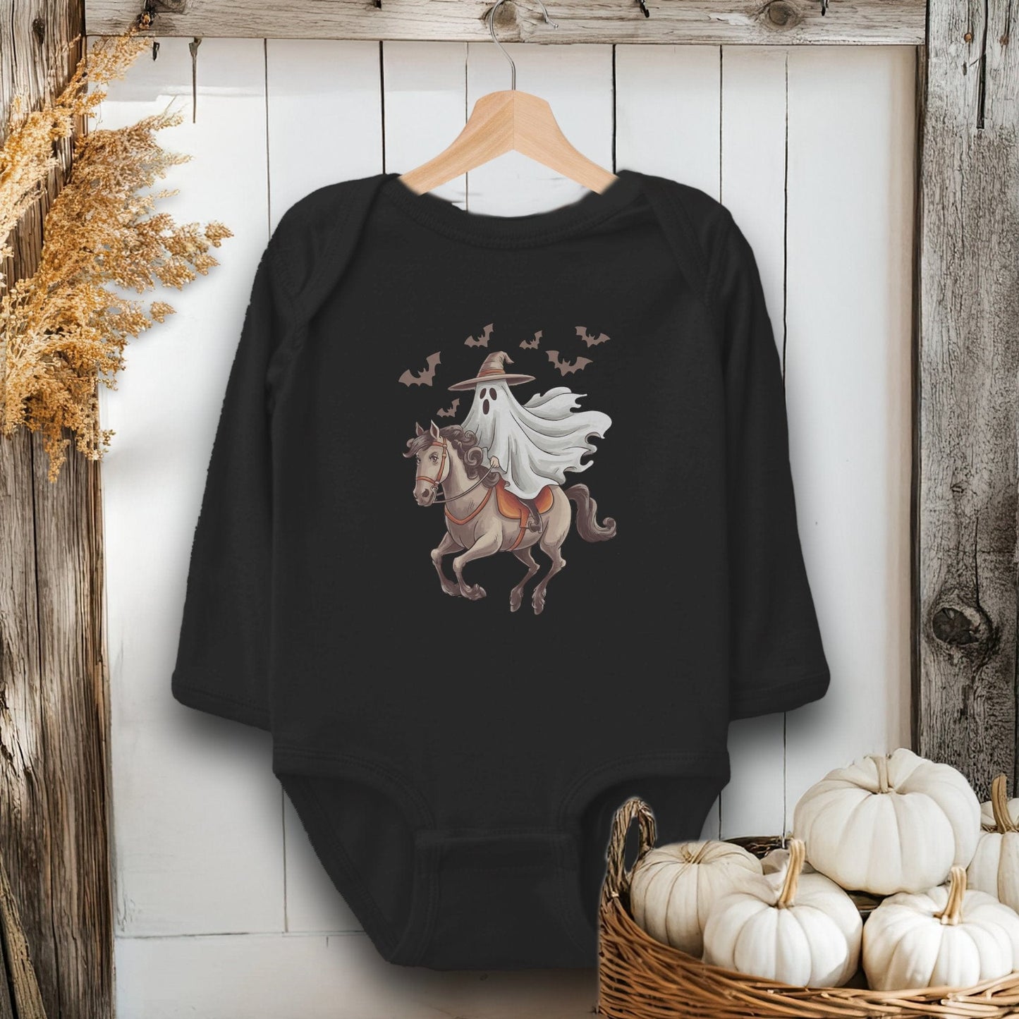 Holiday Baby Shirt Bodysuit Long Sleeve / Black / Newborn Ghost Riding Horse Halloween - Baby Shirt