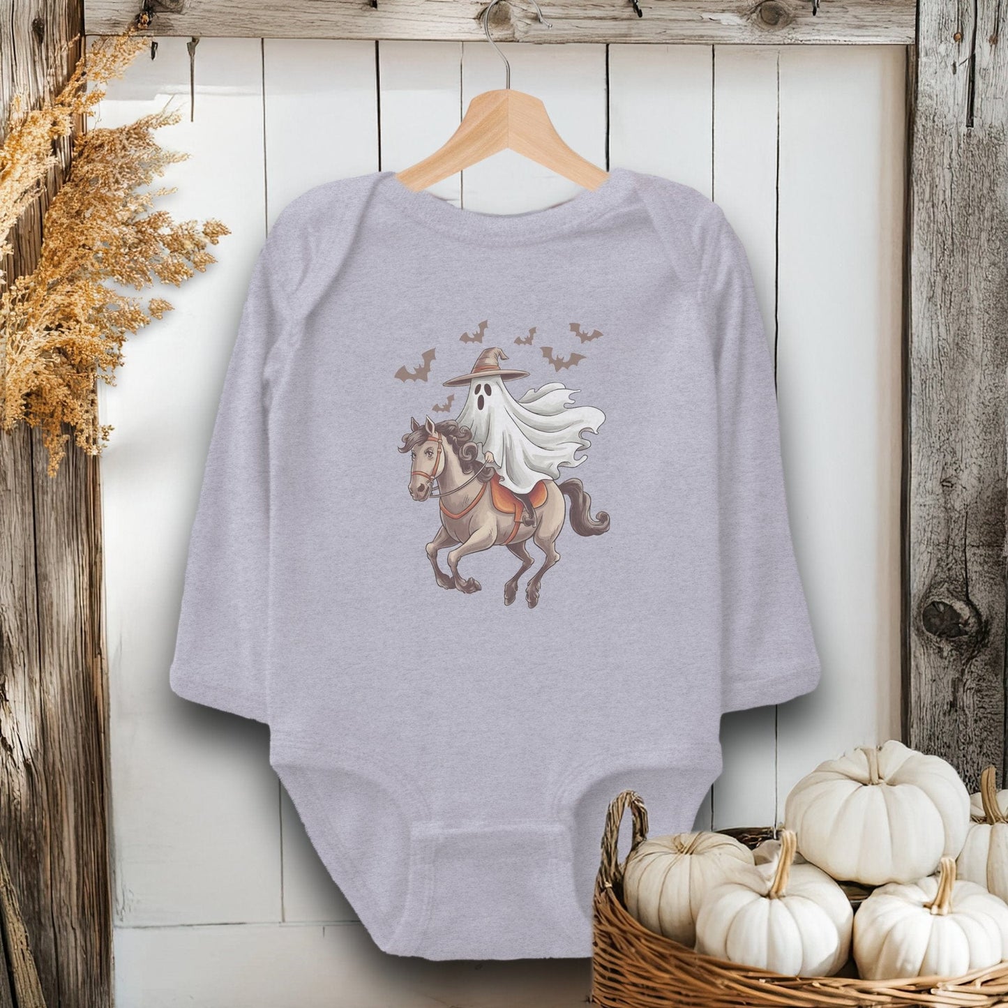 Holiday Baby Shirt Bodysuit Long Sleeve / Heather / Newborn Ghost Riding Horse Halloween - Baby Shirt