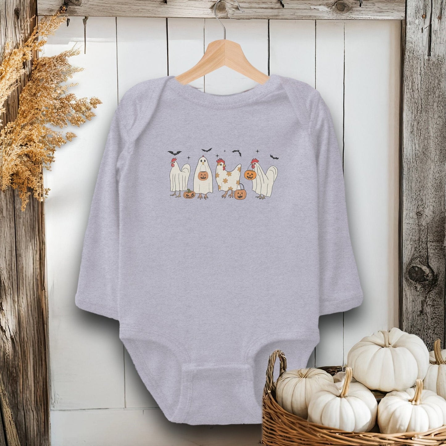 Holiday Baby Shirt Bodysuit Long Sleeve / Heather / Newborn Ghostly Chickens Halloween - Baby Shirt