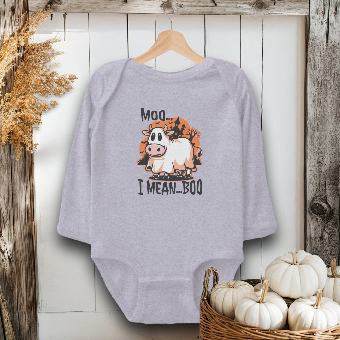 Holiday Baby Shirt Bodysuit Long Sleeve / Heather / Newborn Halloween Moo I Mean Boo Cow - Baby Shirt