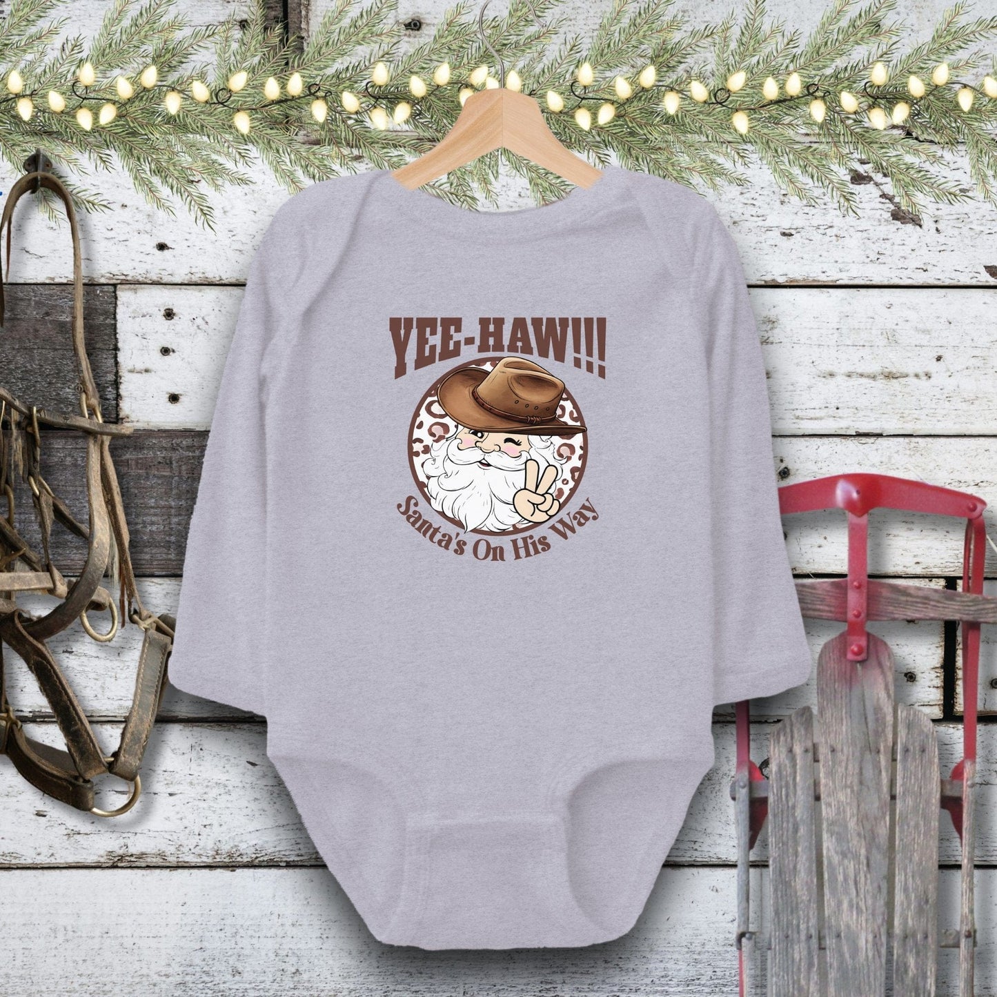 Holiday Baby Shirt Bodysuit Long Sleeve / Heather / Newborn Yee-Haw Santa Baby Shirt