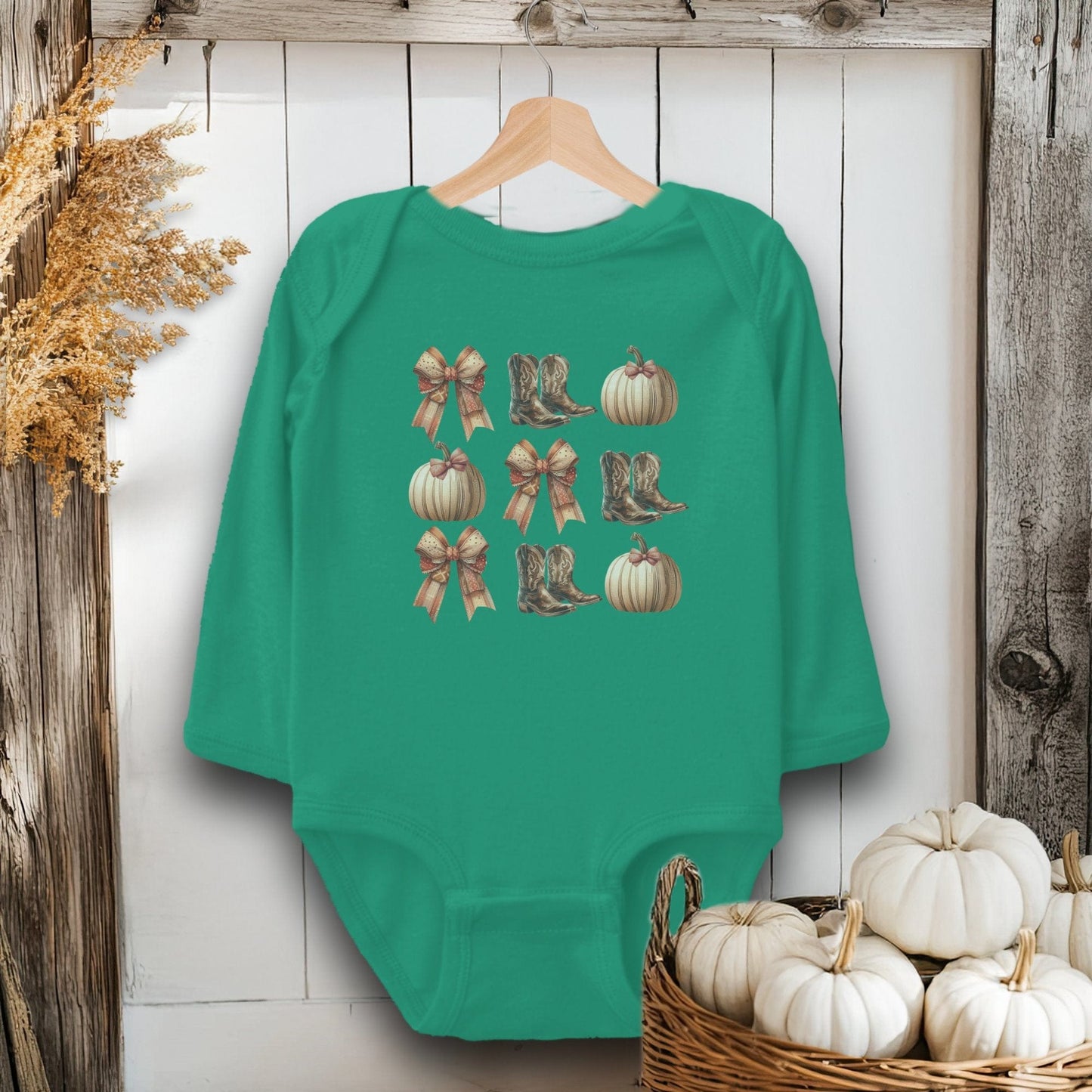 Holiday Baby Shirt Bodysuit Long Sleeve / Kelly / Newborn Boots Pumpkins and Bows Fall - Baby Shirt