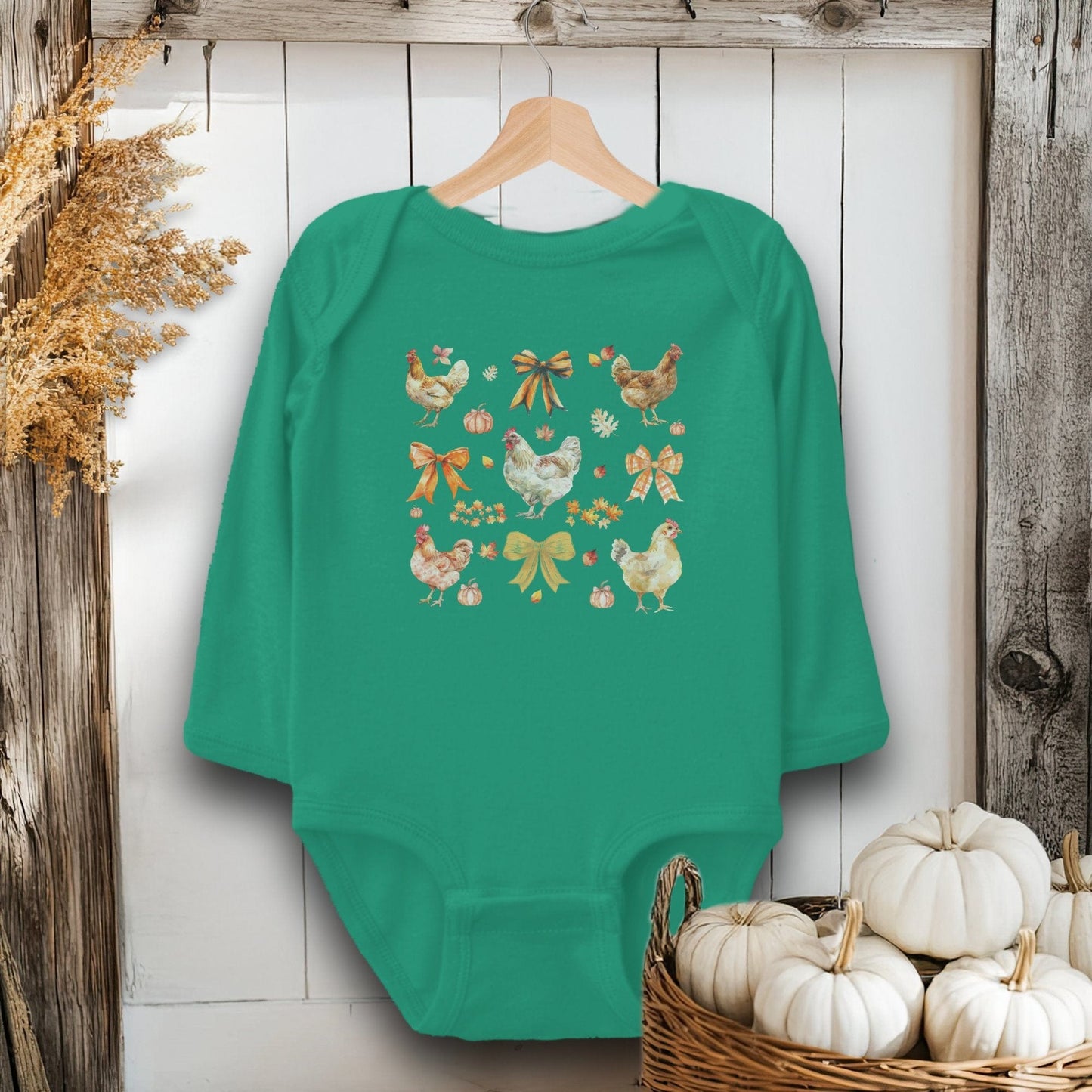 Holiday Baby Shirt Bodysuit Long Sleeve / Kelly / Newborn Chickens and Bows Fall - Baby Shirt