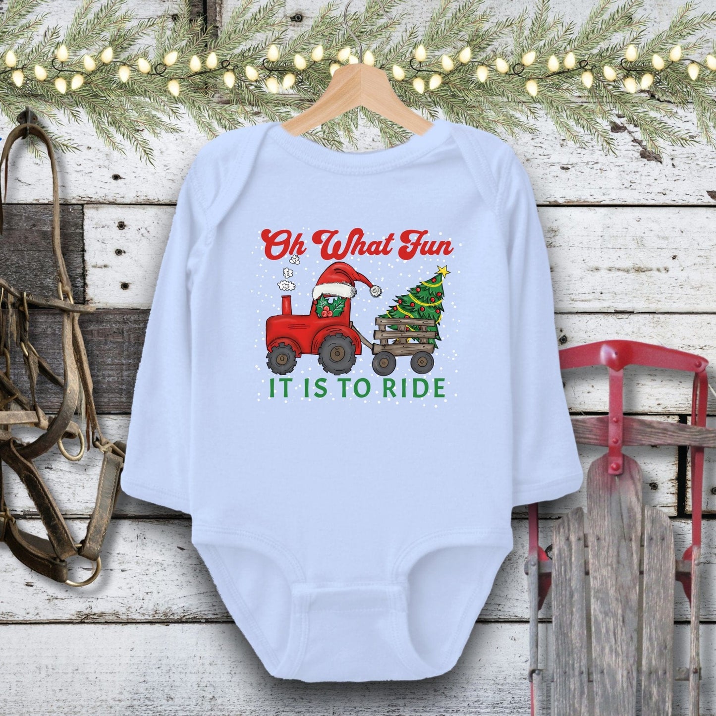 Holiday Baby Shirt Bodysuit Long Sleeve / Light Blue / Newborn Christmas Tractor Baby Shirt